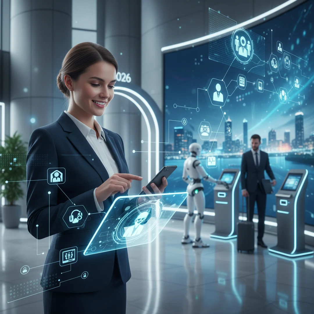 Automatyzacja obsługi klienta hotelu - Przewodnik 2026 - ilustracja przedstawiająca Interfejs automatyzacja wyświetlony na ekranie smartfona