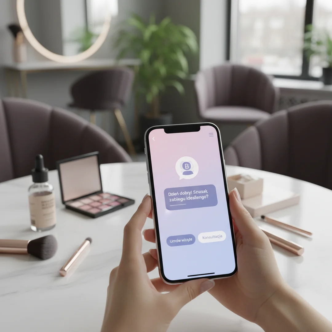 Chatbot do pozyskiwania leadów salonu kosmetycznego - ilustracja przedstawiająca Interfejs chatbot wyświetlony na ekranie smartfona