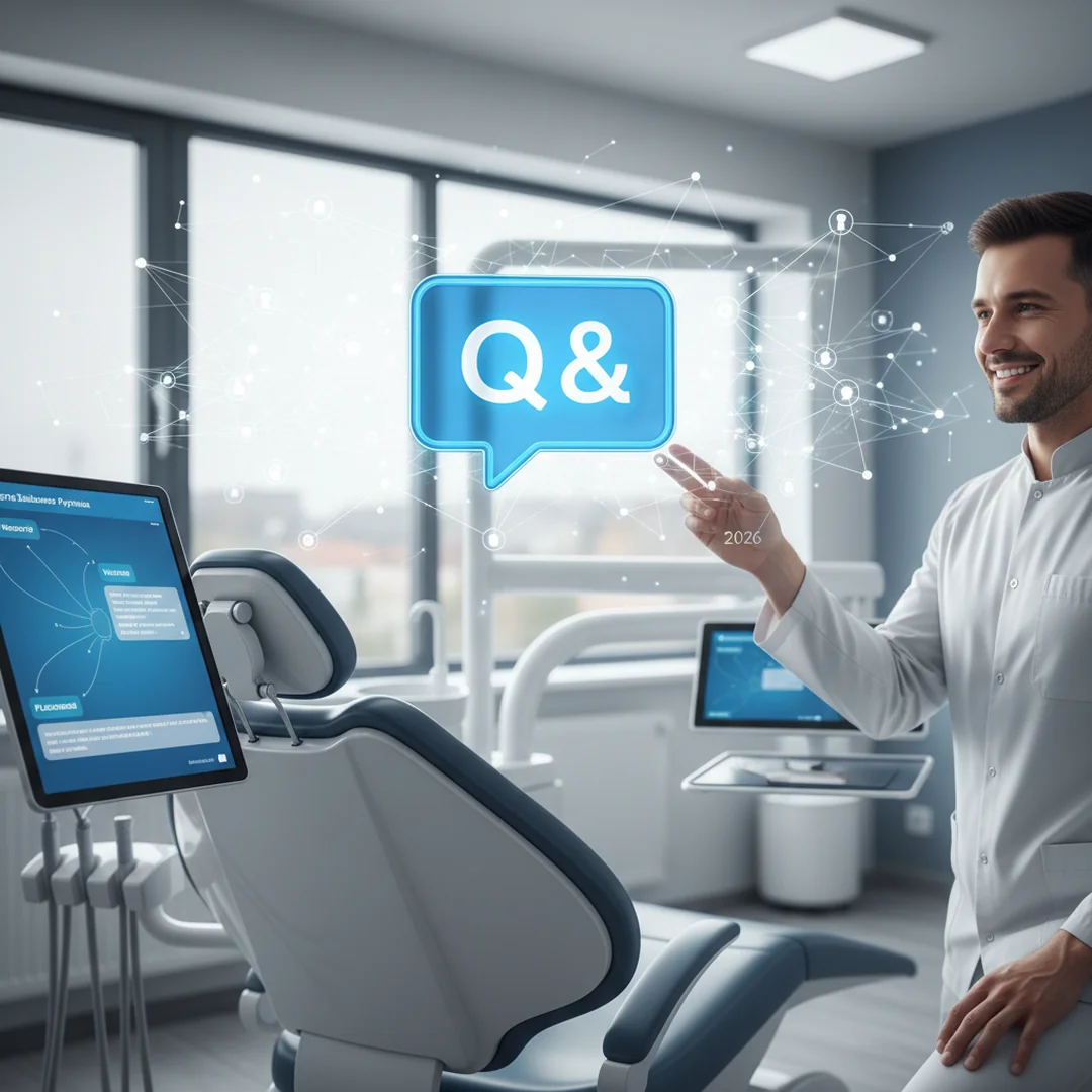 Chatbot FAQ gabinetu stomatologicznego - Przewodnik 2026 - ilustracja przedstawiająca Interfejs chatbot wyświetlony na ekranie smartfona