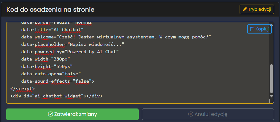 Tryb edycji kodu widgetu