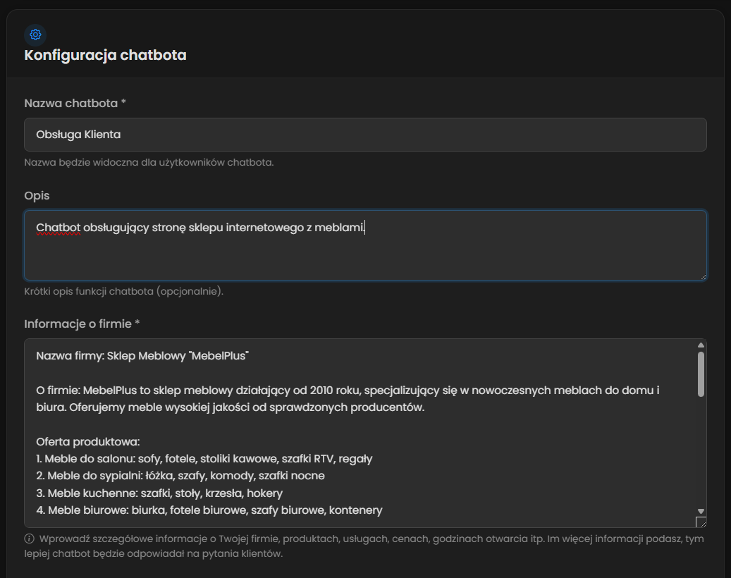Formularz konfiguracji chatbota